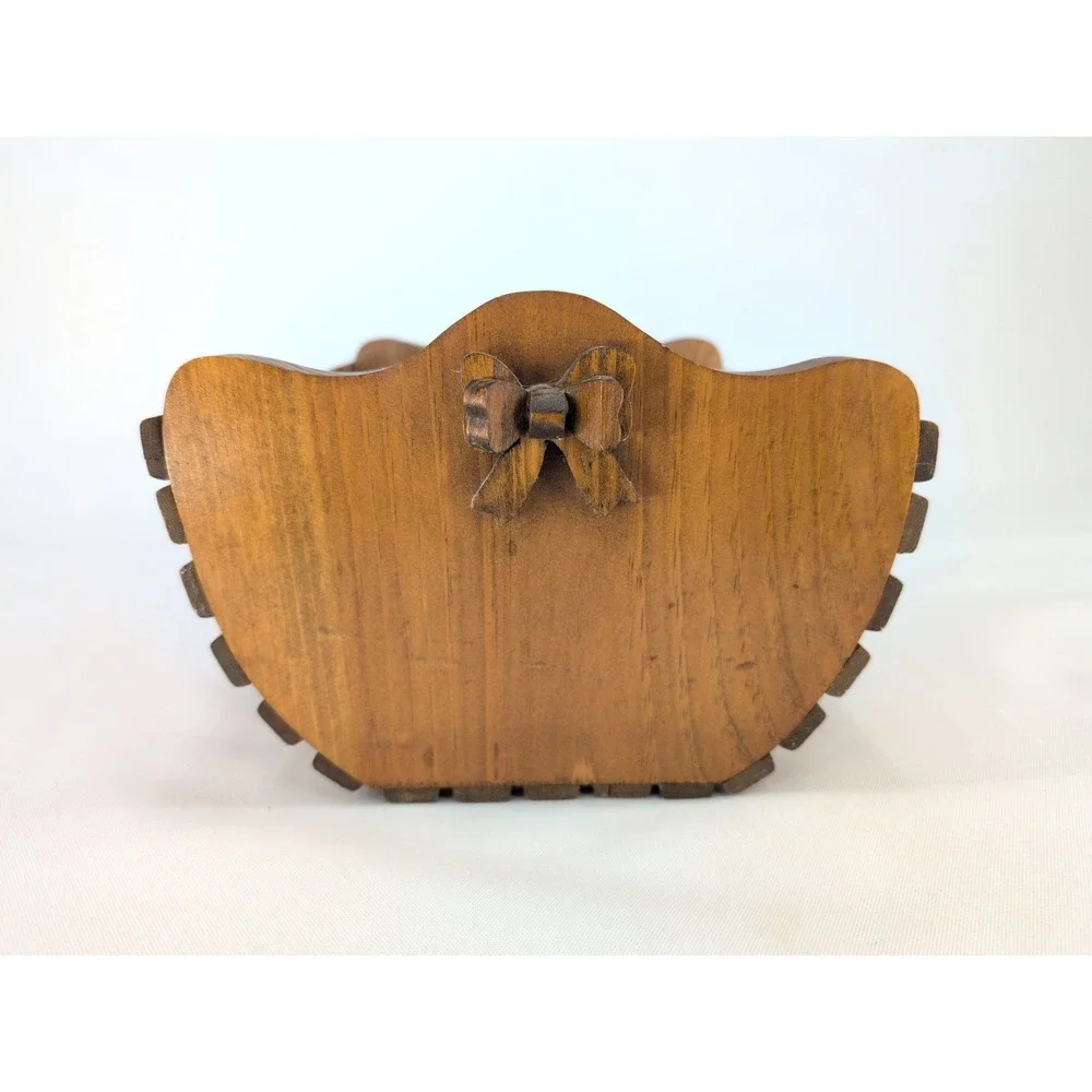 Vintage Wooden Slat Basket Brown Handcrafted Bow Detail
